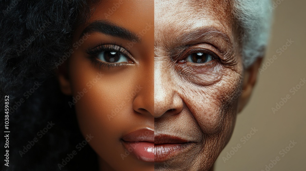 A split-view photo of a woman, young on one side and aged on the other, reflecting time. A split-view photo of a woman, young on one side and aged on the other, reflecting time.