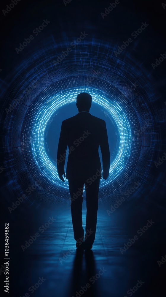 Silhouette of a man walking towards a glowing blue portal in a dark environment. Silhouette of a man walking towards a glowing blue portal in a dark environment.