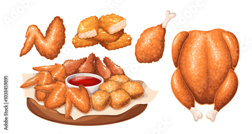 Deep fried cartoon chicken set. Top view of whole bird, drumstick and wing, wooden board with crunchy nuggets and ketchup sauce. Fast food mascot, cartoon spicy chicken meals vector illustration
