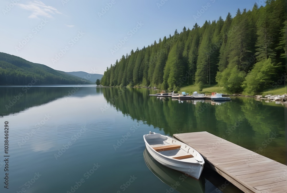 Serene Lake with a Single Boat at Dock Serene Lake with a Single Boat at Dock