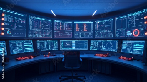 AI security hub in police control room, glowing holographic displays, 3D illustration