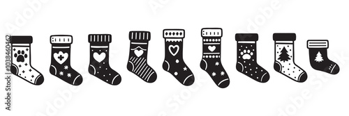 Black and white Christmas socks set illustration with hearts, snowflakes, and paw prints. Cozy vector winter socks collection featuring Scandinavian patterns and Christmas trees in minimalistic style 