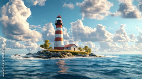 A classic red and white striped lighthouse stands tall on a small island in the middle of the ocean. The sun shines bright in the sky, reflecting off the water and casting a warm glow over the scene.