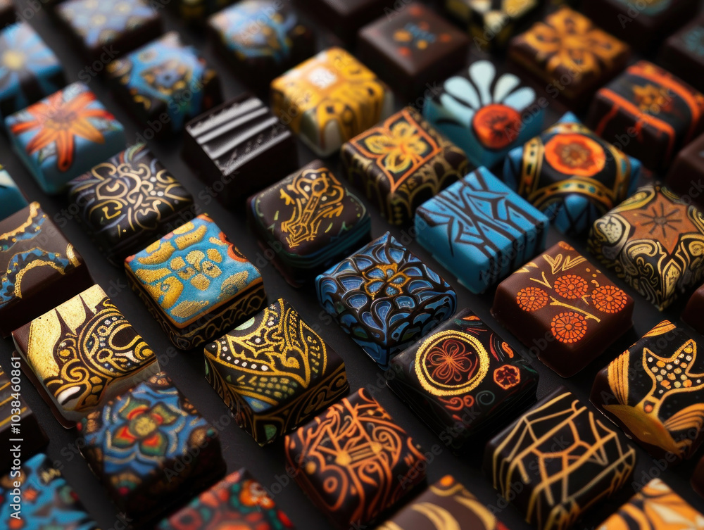 A detailed shot of handcrafted chocolates designed to reflect cultural symbols, with rich colors and artistic flair. A detailed shot of handcrafted chocolates designed to reflect cultural symbols, with rich colors and artistic flair.