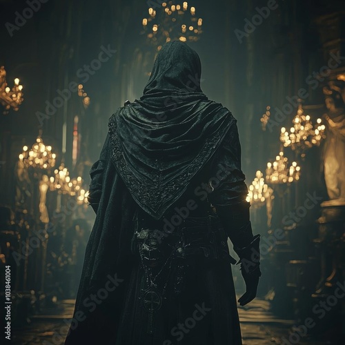 Mysterious figure in dark cloak, back view in an ornate setting. photo