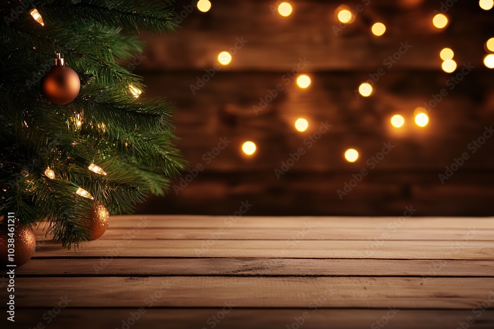 Festive background featuring a wooden table and blurry Christmas decorations Festive background featuring a wooden table and blurry Christmas decorations