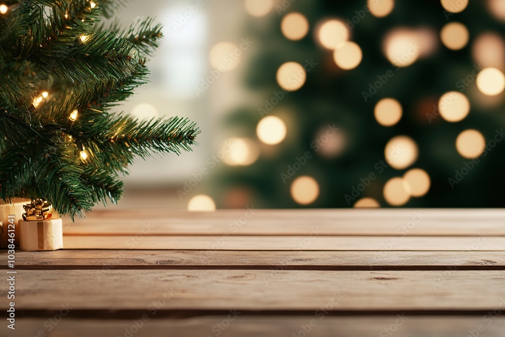 Empty wooden table for Christmas-themed product photography with festive tree lights Empty wooden table for Christmas-themed product photography with festive tree lights