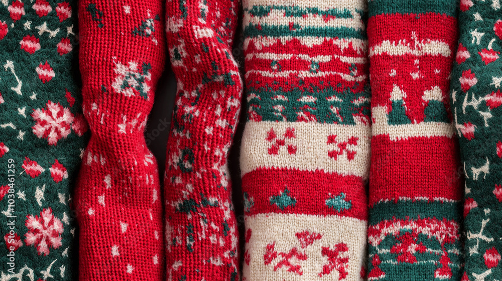 Christmas sweaters, hats, and scarves, with festive patterns and colors, evoking the coziness of winter Christmas sweaters, hats, and scarves, with festive patterns and colors, evoking the coziness of winter