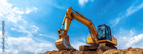 An excavator moves dirt on a construction site beneath a cloudy blue sky
