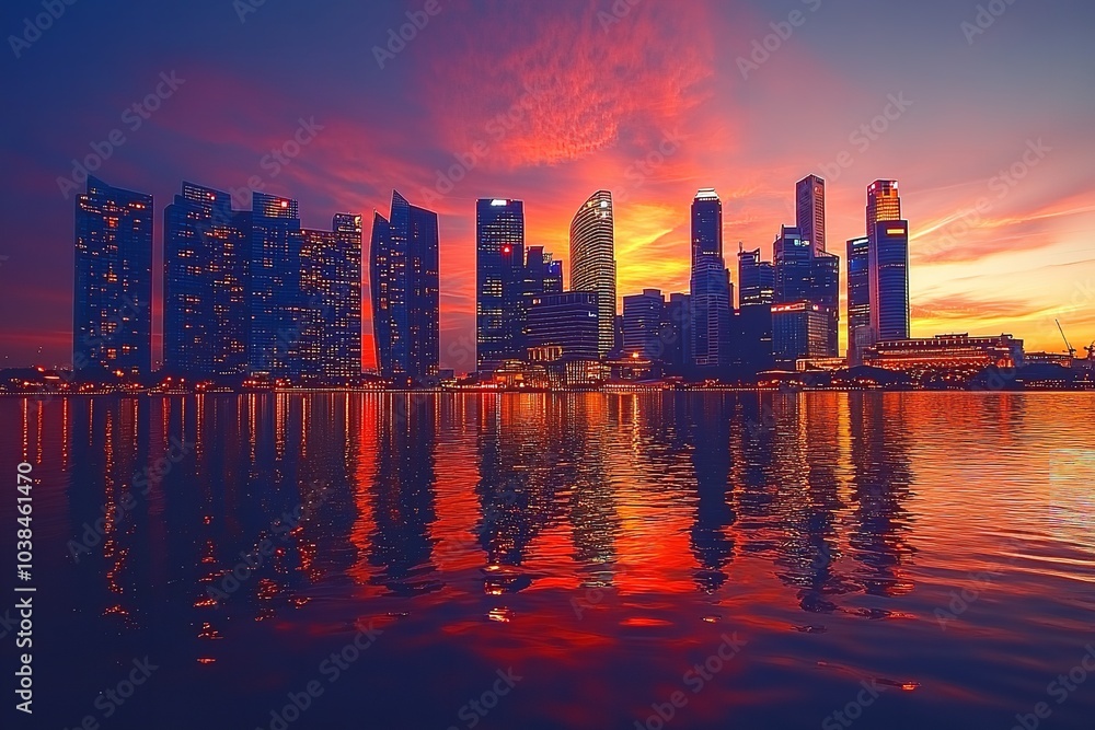 Fototapeta premium The city skyline at sunset in the business district of Marina. Generative Ai