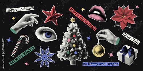 Merry Christmas. Set of vectors cut out colorful holiday elements. Trendy decor with halfton effect for a greeting card, collage, cover design.