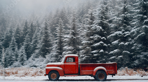 A classic red Christmas truck, with snow-covered trees as the background, during a frosty morning
