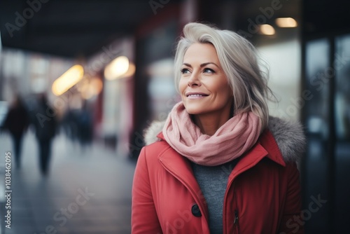 Portrait of a beautiful mature woman in red coat and scarf in the city