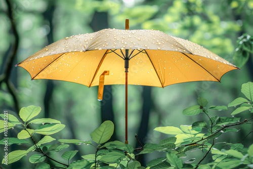 Elegant white umbrella in nature setting with raindrop details for design mockup