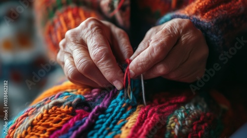 Close-up of Hands Knitting a Colorful Pattern