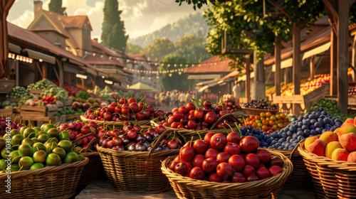 A farmer's market scene with baskets full of assorted fruits like cherries, blueberries, and peaches, under the warm afternoon sun, with market stalls in the background