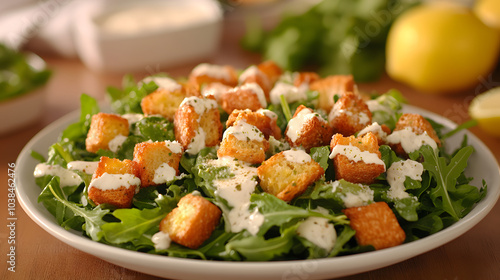 Exquisite Vegan Caesar Salad with Creamy Dressing and Peppered Arugula for a Refreshing Delight