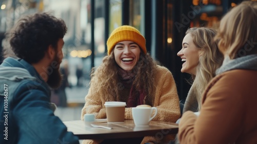 Friends Enjoying Coffee and Conversation at a Cafe photo