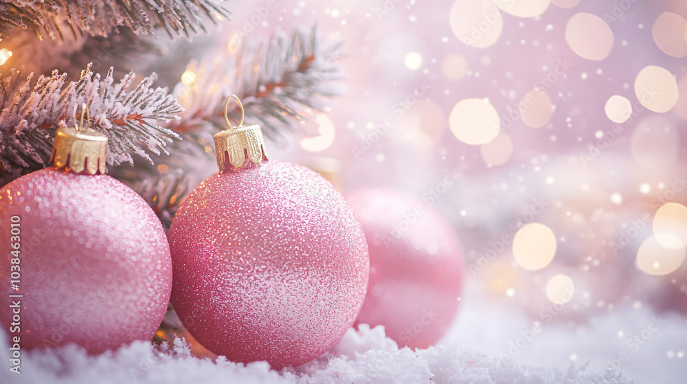 Obraz premium Delicate pink ornaments adorn a sparkling Christmas tree on a snowy Christmas Day morning