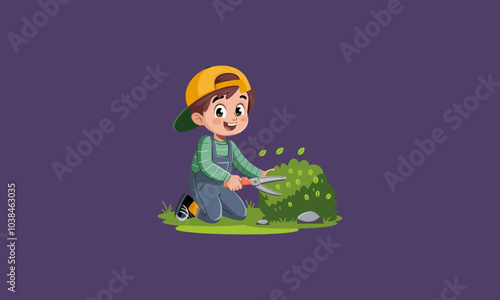 Happy boy trimming bushes with gardening shears.