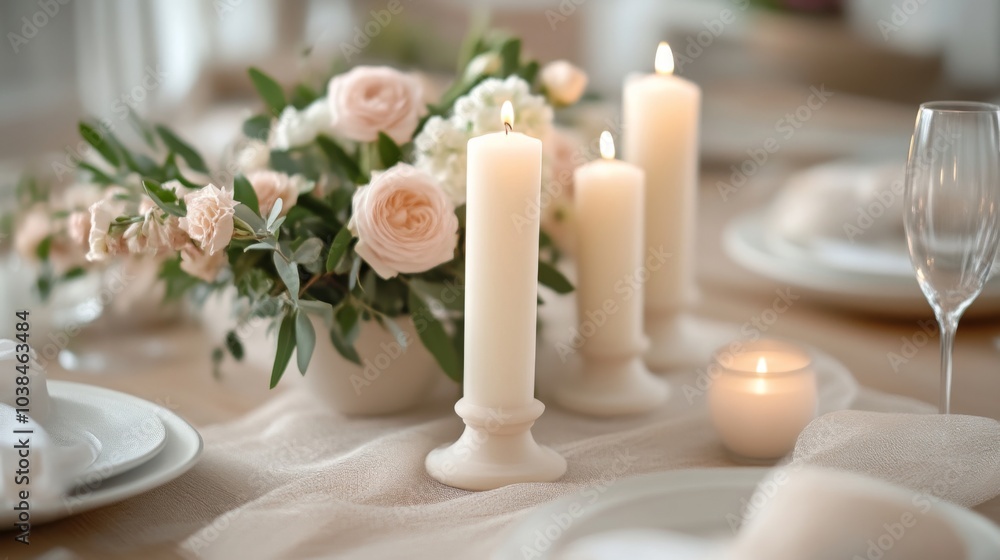 Romantic Table Setting with Candles and Flowers Romantic Table Setting with Candles and Flowers