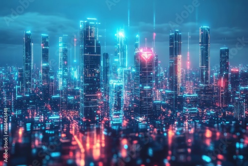 A futuristic city skyline featuring towering digital structures and glowing holographic displays, ideal for tech backgrounds or wallpapers