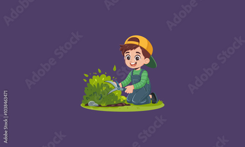 Happy boy trimming bushes with gardening shears.