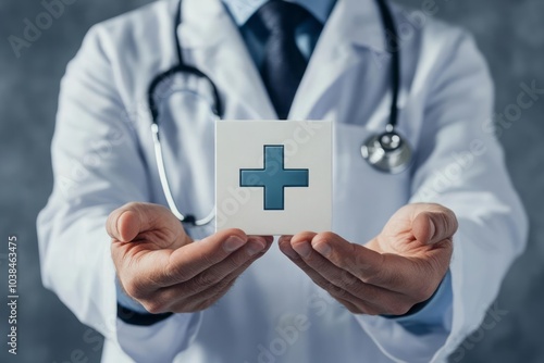 A medical worker with a plus cross icon, symbolizing healthcare and health insurance, emphasizing unique access to welfare and health services