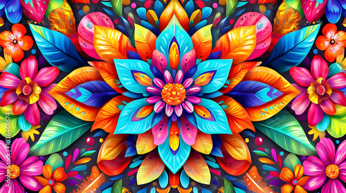 Wallpaper Mural Vibrant floral design featuring colorful flowers and leaves, showcasing seamless pattern with intricate details and bright hues that evoke sense of joy and creativity Torontodigital.ca