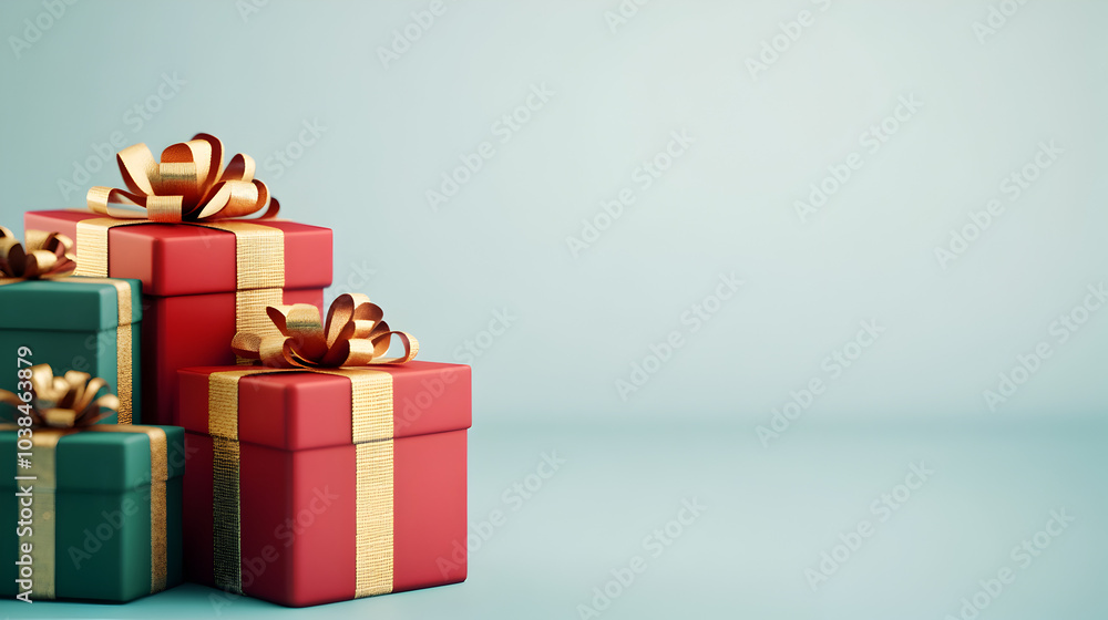 Colorful stacked gifts with gold ribbons against a light backdrop, perfect for holiday celebrations or special occasions Colorful stacked gifts with gold ribbons against a light backdrop, perfect for holiday celebrations or special occasions