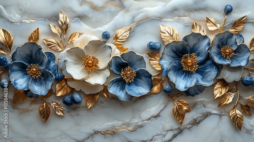 3d abstract background with white paper flowers and golden, blue leaves, floral botanical