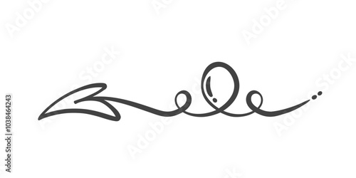 Cupids arrow with heart tip curling up line icon. Outline retro elegant curls and swirls on arrow, hand drawn vintage element. Valentine Day card mascot, ornate scroll divider icon vector illustration