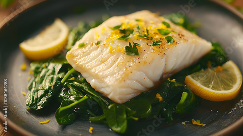 A Stunning Culinary Presentation of Freshly Cooked Muksun Fish Fillet with Lush Spinach and Flavorful Garnishes Perfect for a Dinner Setting photo