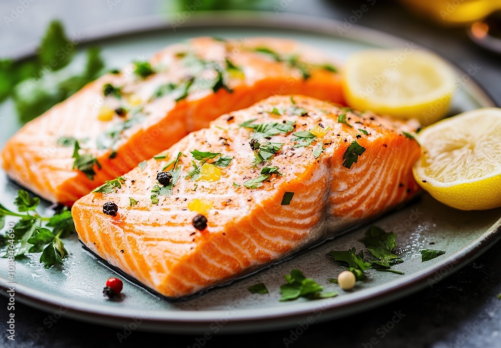A plate of fresh, steamed salmon fillet with lemon and herbs on the side A plate of fresh, steamed salmon fillet with lemon and herbs on the side