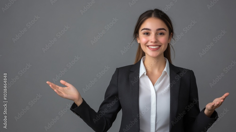 Confident Businesswoman Smiling and Presenting Confident Businesswoman Smiling and Presenting
