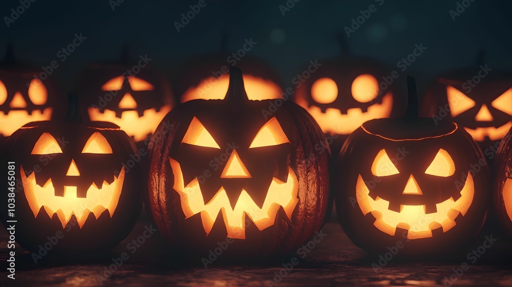 A row of glowing jack-o'-lanterns with various spooky faces, creating a Halloween atmosphere. A row of glowing jack-o'-lanterns with various spooky faces, creating a Halloween atmosphere.