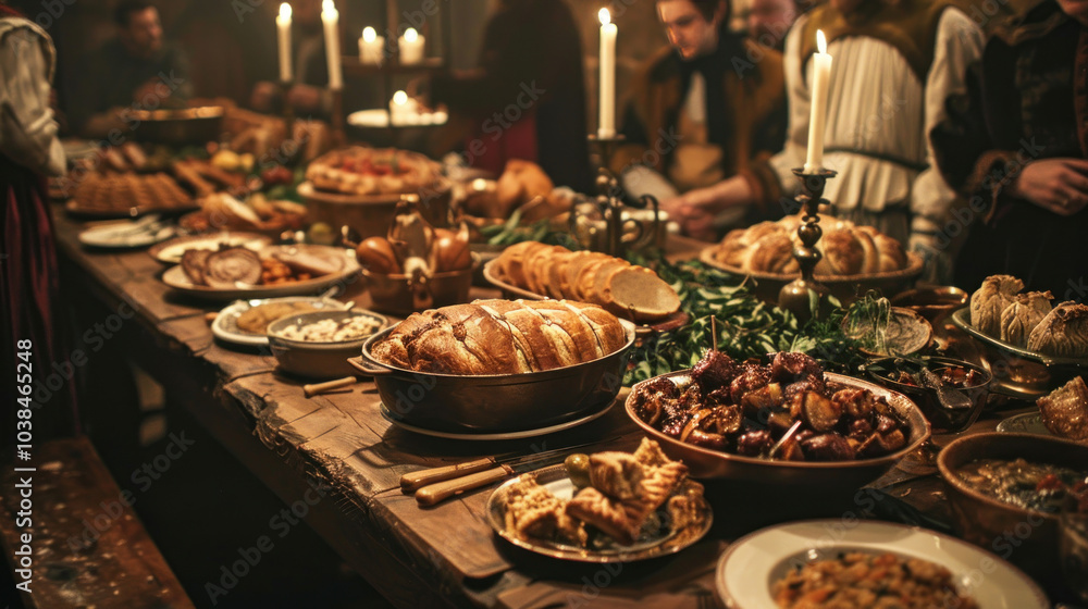 Naklejka premium A grand feast table featuring historical national dishes like roasted meats, pies, and stews, served in a medieval banquet hall.