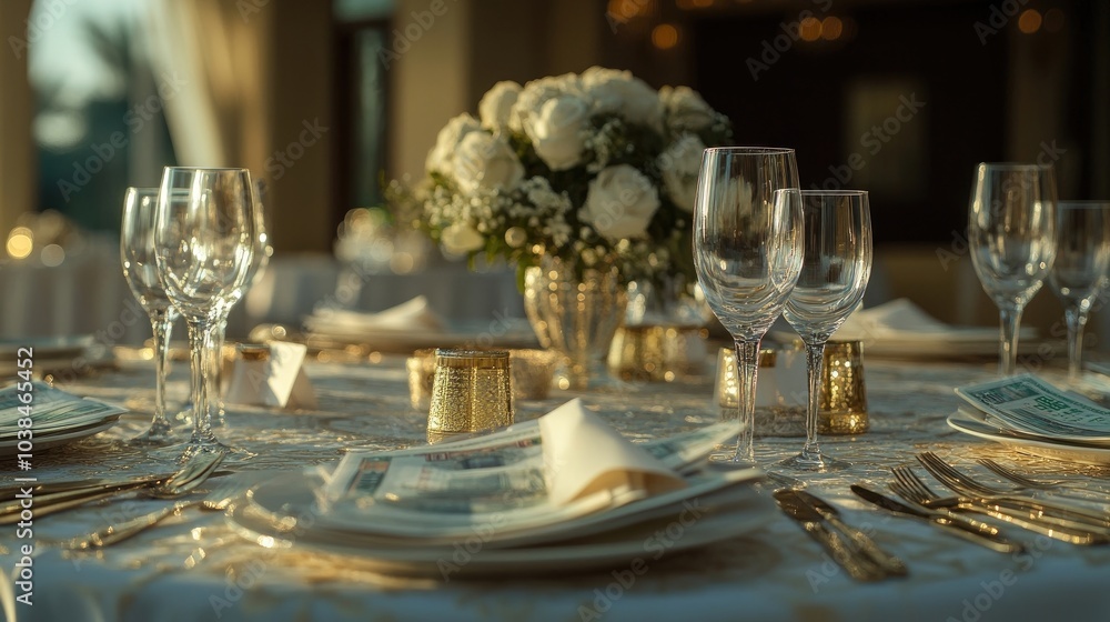 An elegant table setting featuring Kuwaiti dinar notes as part of a decorative centerpiece, highlighting cultural elegance. An elegant table setting featuring Kuwaiti dinar notes as part of a decorative centerpiece, highlighting cultural elegance.