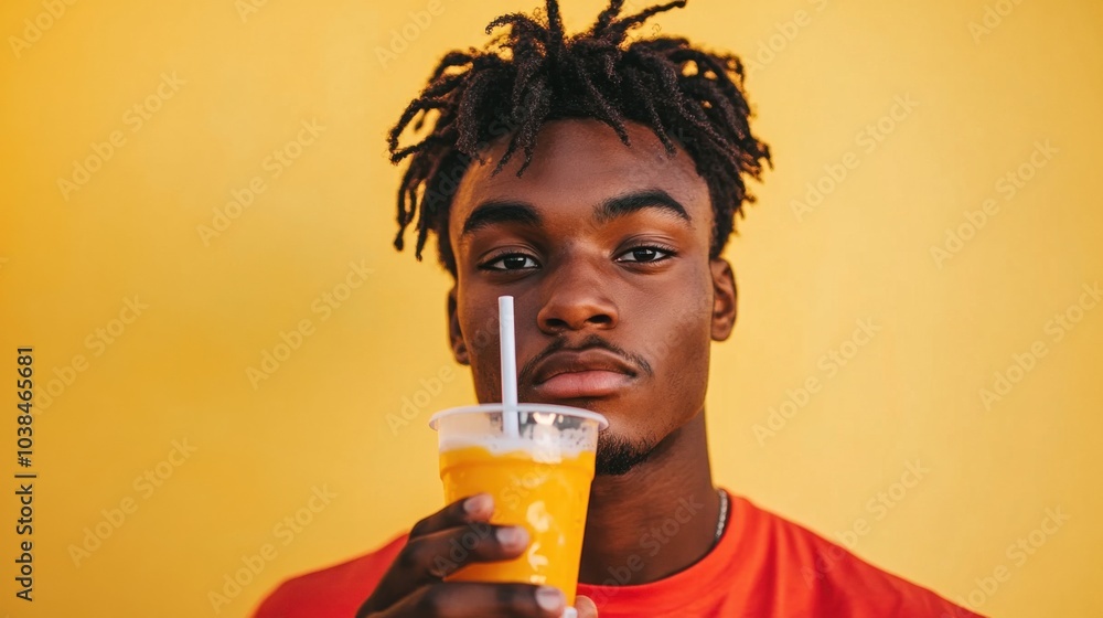 Guy enjoying a drink against a bright, colorful background, radiating fun, energy, and a casual, carefree atmosphere. Guy enjoying a drink against a bright, colorful background, radiating fun, energy, and a casual, carefree atmosphere.