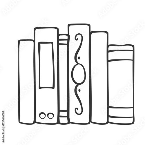 Stack of classic books with different patterns on spine line icon. Outline hand drawn vintage paper thin and thick books. Library mascot, simple literature on bookshelf icon vector illustration