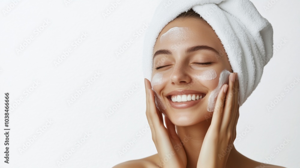 Smiling Woman Applying Face Mask for Healthy Skin Smiling Woman Applying Face Mask for Healthy Skin