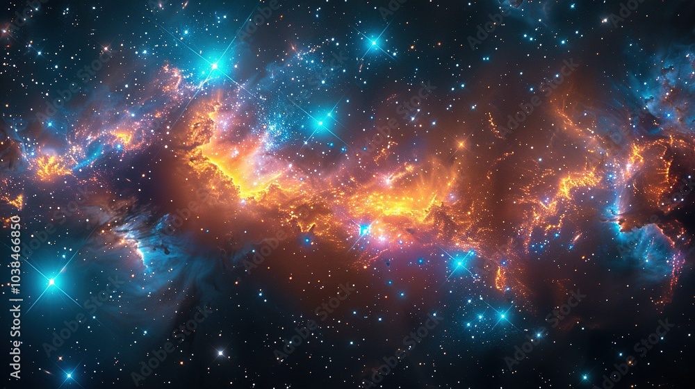 Fototapeta premium A vibrant cosmic scene showcasing colorful nebulae and stars in deep space.