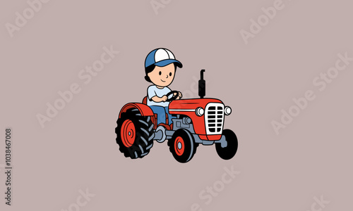 Cute child driving a red tractor on the farm.
