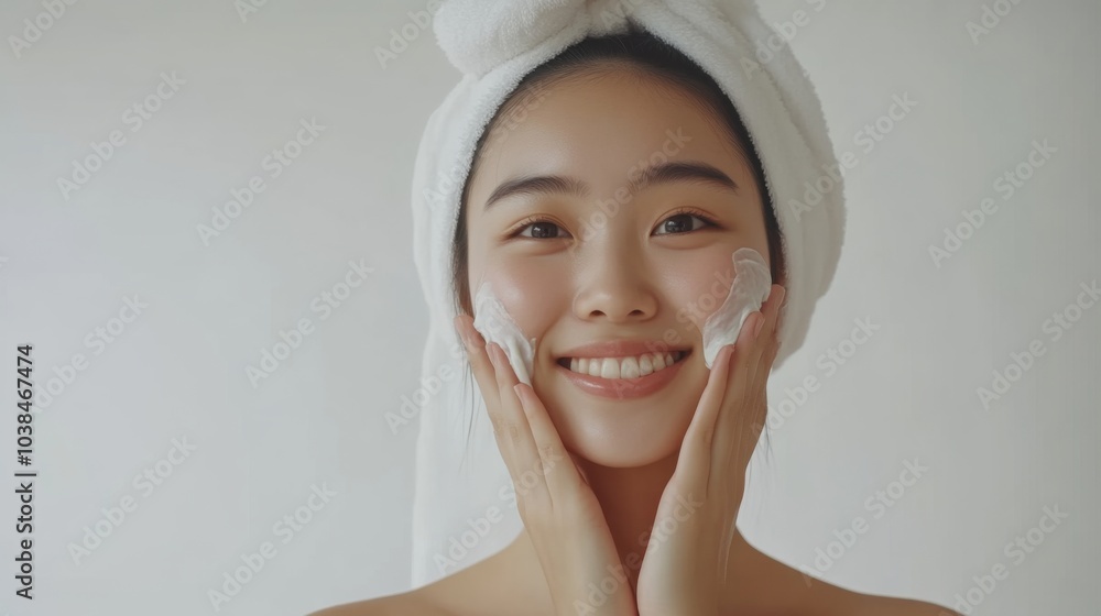 Smiling Woman Applying Facial Cleanser - Skincare Routine Smiling Woman Applying Facial Cleanser - Skincare Routine