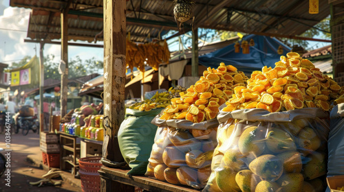 A market stall displaying bags of dried tropical fruits like jackfruit, pineapple, and coconut, set in a vibrant open-air market scene under bright, sunny skies photo