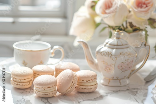 Elegant tea party with white macarons and floral teapot