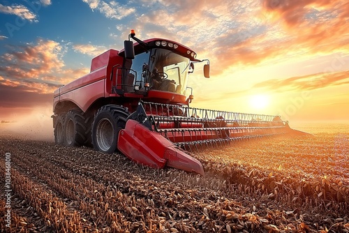 Harvesting soybeans using red combine harvester. Generative Ai
