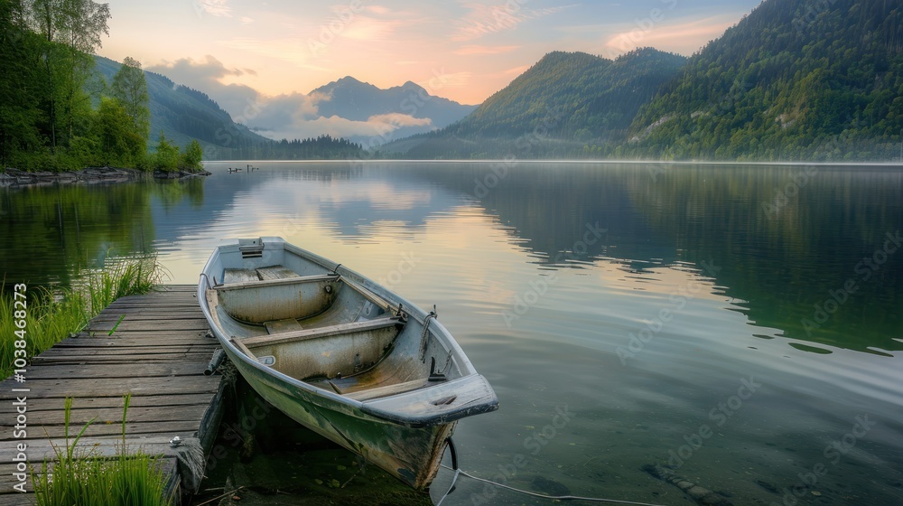 Tranquil Morning on the Lake with a Boat Tranquil Morning on the Lake with a Boat