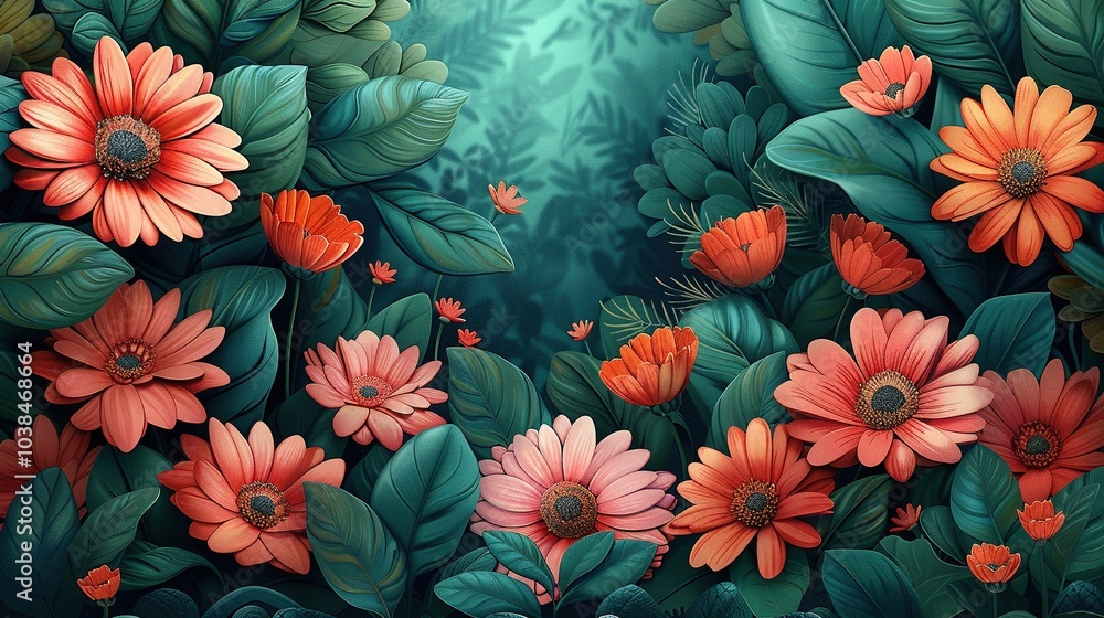 A vibrant illustration of blooming flowers amidst lush green foliage. A vibrant illustration of blooming flowers amidst lush green foliage.
