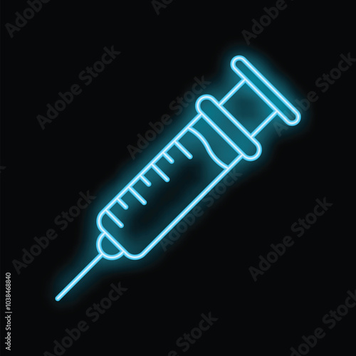 Blue neon syringe glowing on a black background representing vaccination and medical treatment